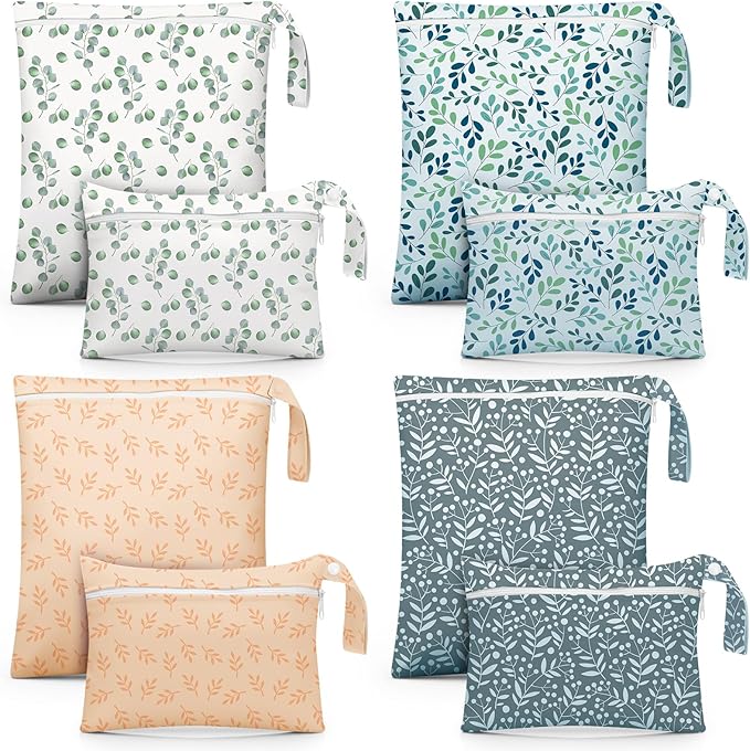Reginary 8 Pack Wet Dry Bags Waterproof Reusable Travel Zipper Pouch for Baby Cloth Diapers, Swimsuits, Wet Clothes, Toiletries, Beach, Pool, Yoga Gym Bag, 2 Sizes (Leaf Style)