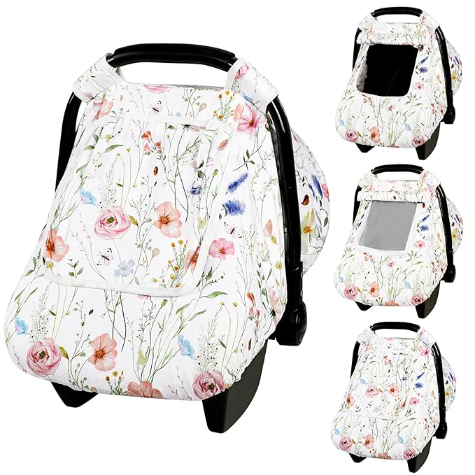 Car Seat Cover Baby, Anti-Kick Carseat Covers Baby Girl, Warm Minky Infant Car Seat Canopy with Mesh Window, Multi-Use Cover Protecting Baby from Wind, Sun, Strangers, White Flowers