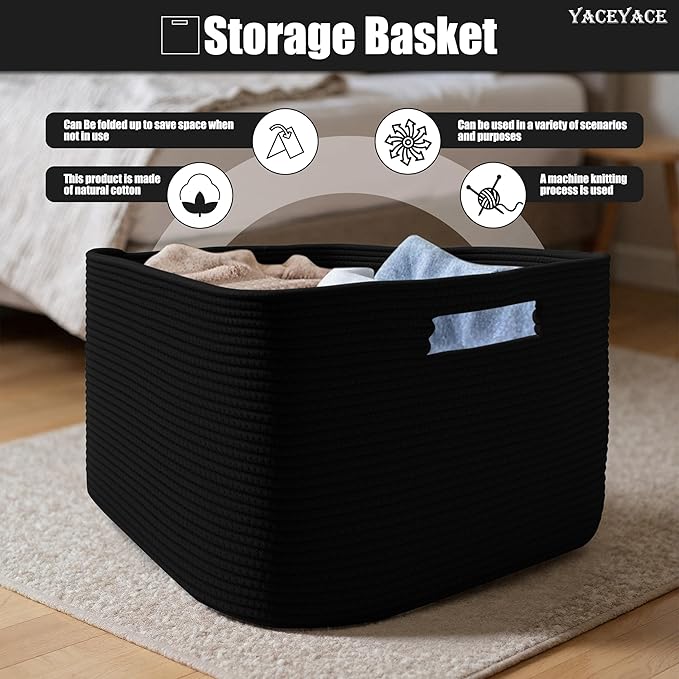Large Cotton Woven Storage Basket with Handle, Storage Baskets for Shelves, Woven Toy Storage Bin for Living Room, Organation, 22"x17"x12"