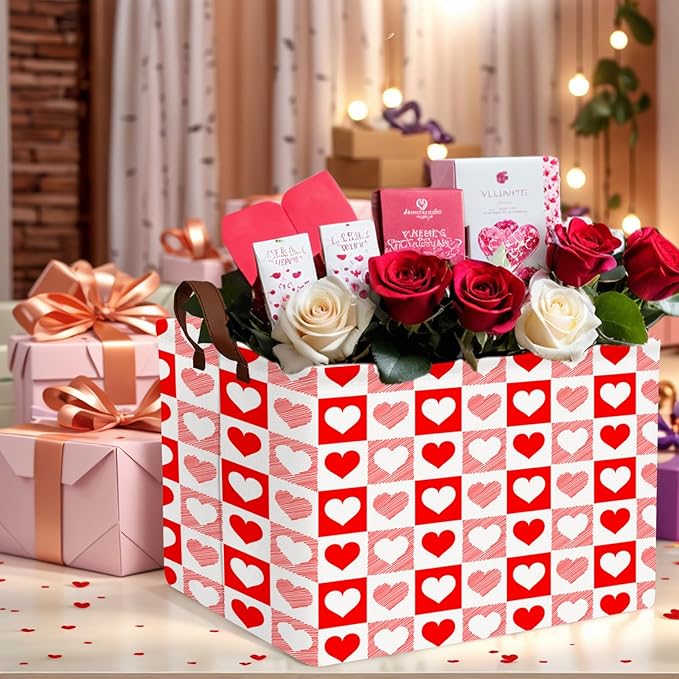 ASKETAM Valentine's Day Basket for Gifts Empty Cute Heart Large Gift Basket Decorative Storage Bin for Kid and Baby Room Décor (Red Checkered Heart)