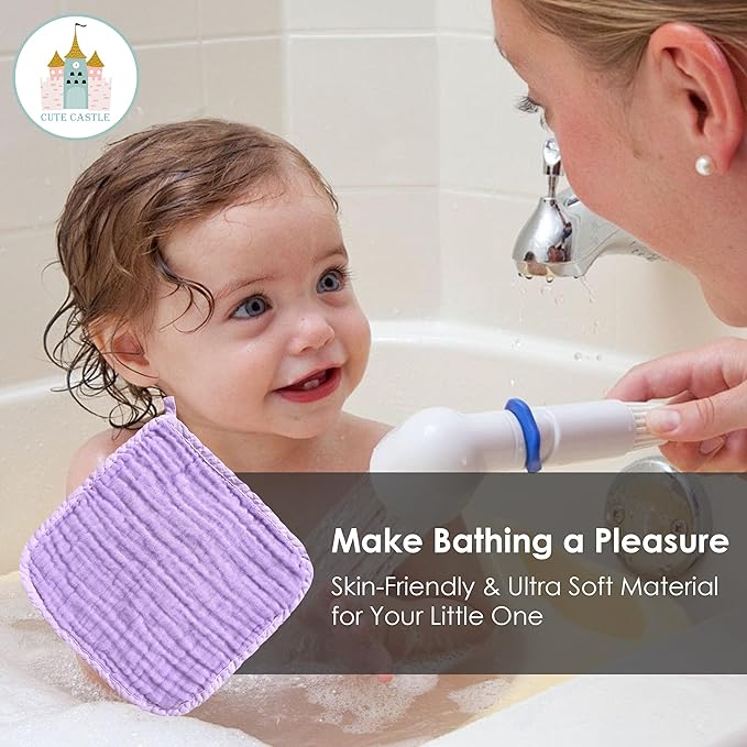 Cute Castle 12 Pack Muslin Baby Washcloths - Large 12'' by 12'' - Ultra Soft 100% Cotton - Super Absorbent Burp Cloths for Unisex, Boy, Girl -Multicolor