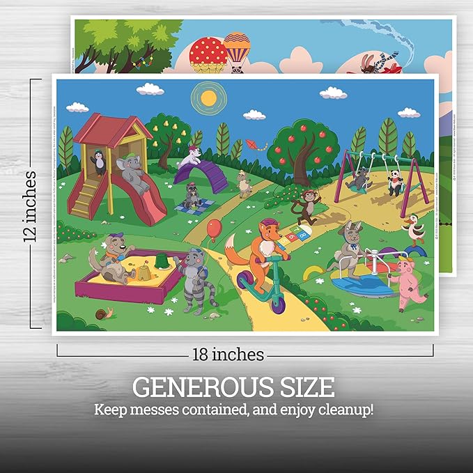 Klean Kids Animals at Play Disposable Placemats for Baby, 40 Pack Sticky Toddler Placemat for Restaurants | 12" X 18" Kids Placemat, Fun Design Baby Place Mat for Dining Table