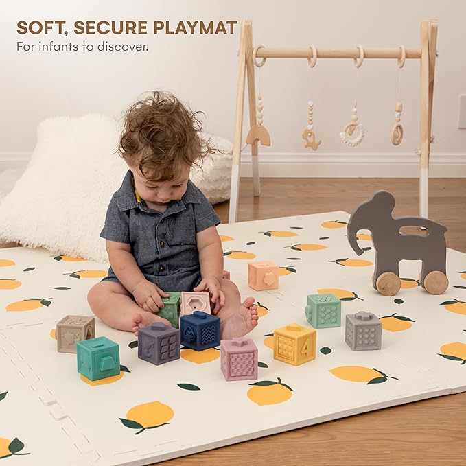 CHILDLIKE BEHAVIOR XL Baby Play Mat - 72 x 48 Inches Puzzle Play Mat with 6 Foam Floor Tiles - Interlocking Puzzle Mat for Toddlers and Infants Play Pen - Soft Crawling Mat for Tummy Time - Lemons