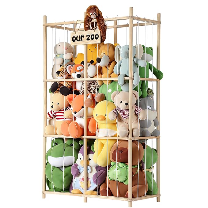 LAMU Stuffed Animal Storage, Wooden Zoo Stuffed Animal Holder with Elastic Cords, Space Save Plush Toy Cage, Double Capacity Extra Large Stuffed Animal Organizer for Playroom, Bedroom, Nursery, 31" W