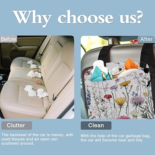 Watercolor Wildflowers Car Garbage Bag,Small Car Trash Bag Hanging Back of Seat,Drawstring Car Trash Bag with Adjustable Buckle,Car Accessories for Camping Travelling