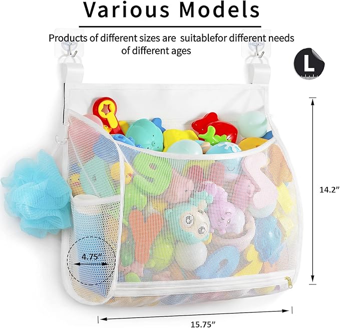 Ligereza Baby Mesh Bath Toy Organizer, Multiple Ways to Hang, Ultra Large Capacity & Large Opening, Bathroom Toy Holder, Bath Toy Storage Bag With 2 Side Pockets (White)