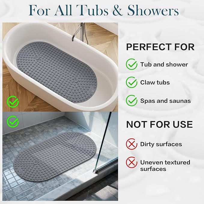 Joiyota Silicone Push Pop Bath Mat with 391 Suction Cups,33x17.3 Inch Non-Slip Tub Mat for Adults, Superior to Foldable Mats for Safety & Stability with Drain Holes, Gray Thickend Soft Shower Mat