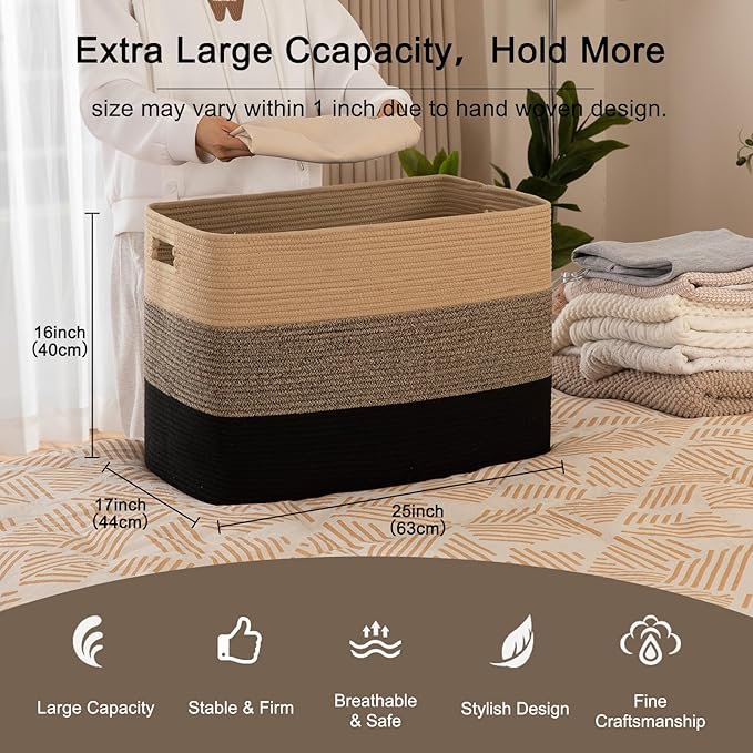 OIAHOMY 118L Extra Large Blanket Basket, Rectangle Woven Cotton Rope Storage Basket,Used for storing Dirty Clothes, Stuffed Animal Toy Storage for Living Room,Kids Room,25" x 17" x 16", Brown Black