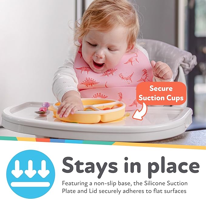 Nuby Silicone Round Suction Plate with Lid - Dishwasher-Safe Baby and Toddler Plate - 6+ Months - Blue and Yellow - Back to School Essentials