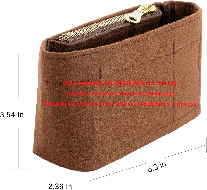 Mini Purse Organizer Insert for Longchamp Le Pliage Small Tote – Felt Inner Bag Liner with Zipper Pocket, Lightweight Storage for Mini Handbags, Brown