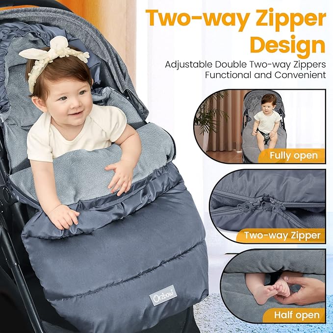 Orzbow Universal Stroller Footmuff, Winter Baby Stroller Bunting Bag, Warm Coral Fleece Stroller Sleeping Bag for Cold Weather, Waterproof & Windproof, Baby Winter Must Have, Grey