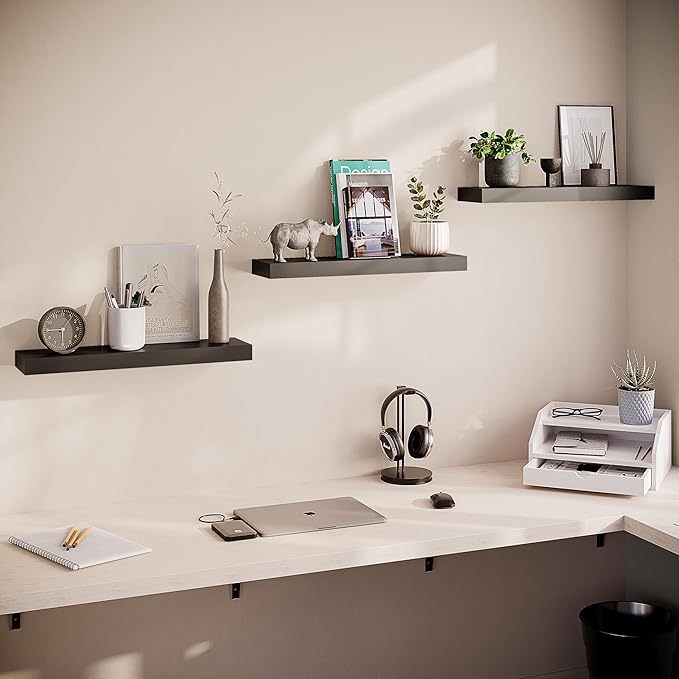 Ballucci Floating Shelves for Wall, 24" Wood Wall Mount Shelf Set of 3, Invisible Brackets Floating Shelf for Decor Living Room, Bathroom, Bedroom, Kitchen, 6" Depth, Black