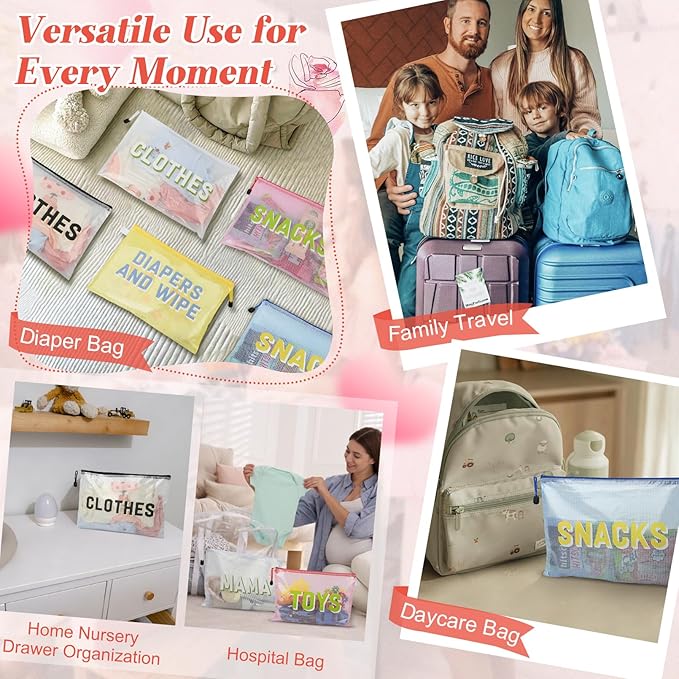 6pcs Hospital Diaper Bag Organizing Pouches for Labor and Delivery, Maternity Essentials Diaper Bag Organizer for Mommy Travel - White/Pink