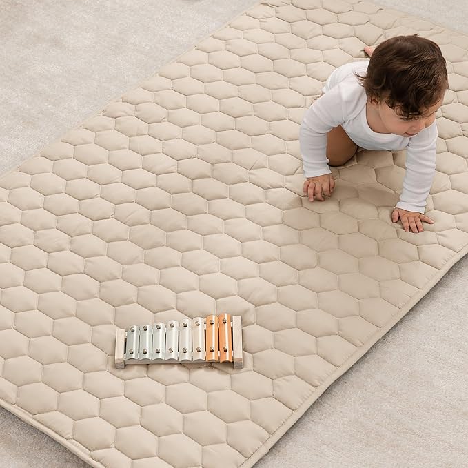 Comfy Cubs Rectangle Kids Play Mat - Small 36 x 60 inches Soft Quilted Baby Floor Mat with Non-Slip Bottom - Plush Design for Toddlers' Playtime - Comfortable and Durable - Sand