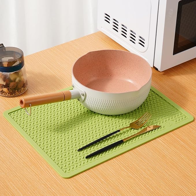 Silicone Drying Mat & Heat Resistant Mat for Kitchen Counter, Non-Slip Dishwasher Safe, Raised Edge for Dishes Bottles Sink (15.35x11.61in, Green)