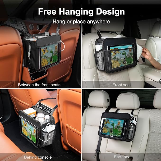 Uplien Car Organizer Bag for Back Seat Front Seat or Between Seats Premium PU Leather Hanging Storage Caddy with Tablet Holder Tissue Box Cup Bottle Holders Mesh Pockets for Kids Adults