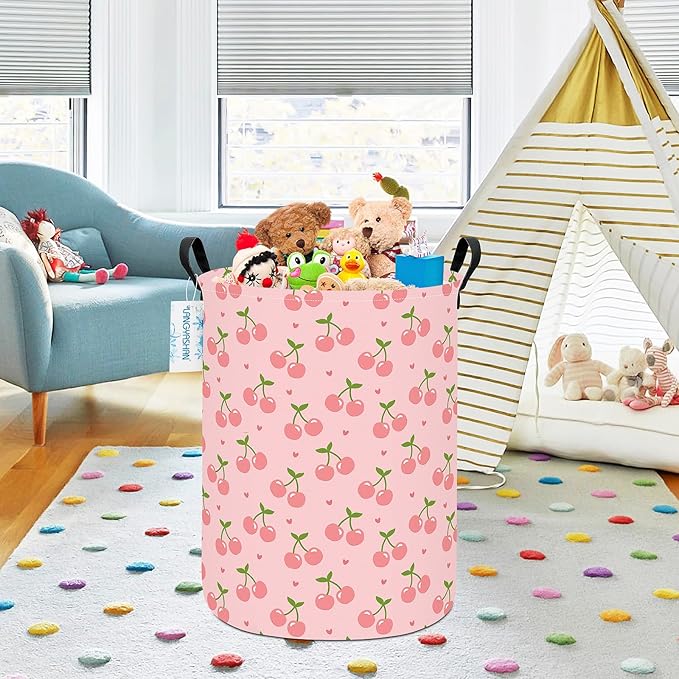 LANGYASHAN Laundry Basket Canvas Fabric Collapsible Organizer Basket for Storage Bin Toy Bins Gift Baskets Bedroom Clothes Children Nursery Hamper (Pink Cherry)