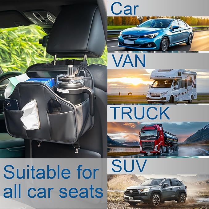 CHOEGIG Multifunctional Car Tissue Holder,Back Seat Organizer with Cup Holder,PU Leather Car Headrest Seat Back Storage,Snack Organizers for Kids,Large Tissue Box Cover Fit Kleenex Tissues(50-230ct)