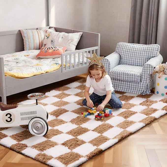 Ophanie Area Rugs for Bedroom Living Room,Color Checkered Beige & White,Size 4' x 6',Shape Rectangular