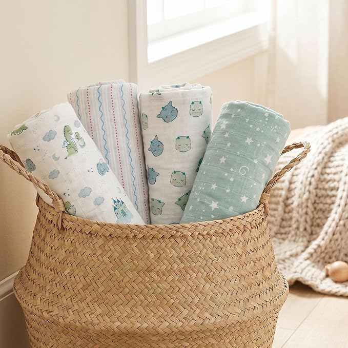 4-Pack Muslin Swaddle Blankets for Newborns | 100% Cotton Breathable Soft, Large 31.5"x43.3" | Multi-Use Stroller Sunshade Nursing Cover & Receiving Blanket, Blue Dinosaur