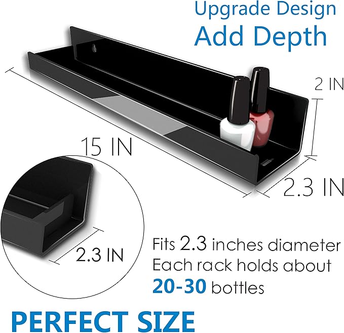 RORKIM 8 Pack 15 Inch Black Acrylic Shelves, Black Kids Floating Bookshelf for Kids Room, Modern Nail Polish Rack Sunglasses Essential Oil Picture Ledge Display Toy Storage Wall Shelf