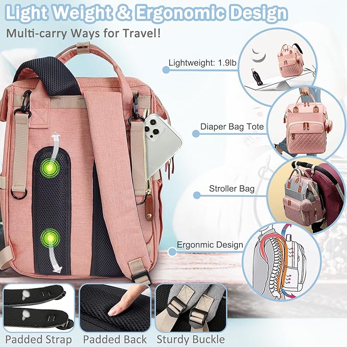 SHITIESHOU Diaper Bag Backpack Baby Bag, Baby Girl Boy Diaper Bag for Dad Mom with Pad,16 Pockets, Pacifier Case, Large Diaper Bags Unisex for Travel (Orange Pink)