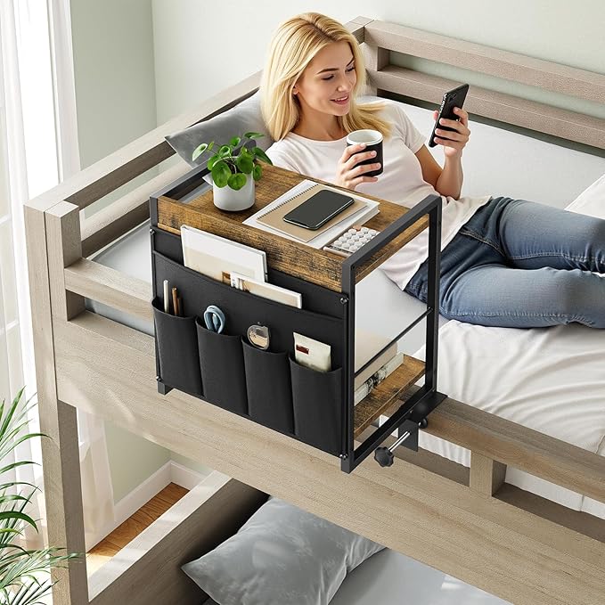 Bedside Shelf, Bunk Bed Shelf with Fabric Pockets Storage, Clip-on Loft & Bunk Bed Tray Shelf for College, Nightstand for Apartment, Sofa, Bedroom, Rustic Brown and Black ET20BR