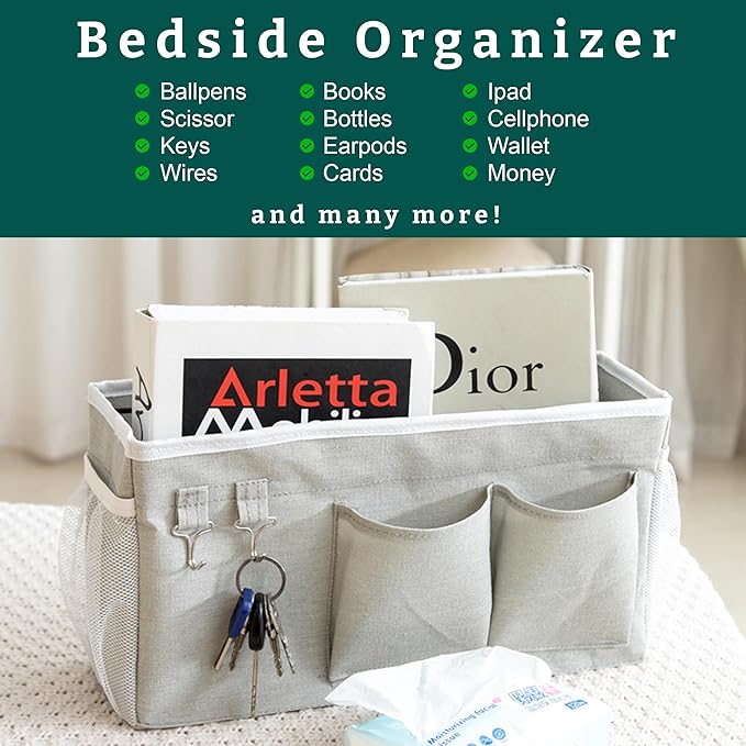 Bedside Caddy Organizer Hanging Storage Bag with Pockets for Books, Magazines, Phone, Tablet & Water Bottle – Bedside Storage for Dorm, Bunk Beds, Hospital Beds & Cribs,Grey