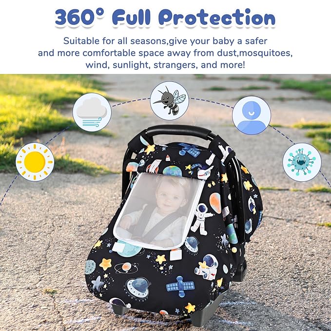 Baby Car Seat Cover, Windproof Carseat Cover for Infant Girls, Infant Warm Carseat Canopy with Double Layer Fabric for Winter, Compatible with Most Baby Car Seat, Space