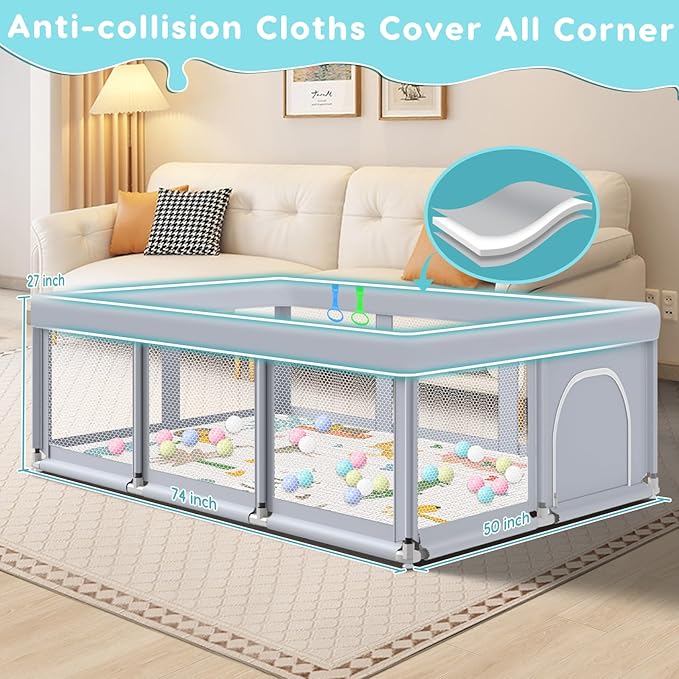Fshibila 74" ×50" Large Baby Playpen, Baby Playard for Babies and Toddlers, PlayPen for Indoor & Outdoor, Sturdy Safety Play Yard with Soft Breathable Mesh, Ball x 18, Handle x 2, Mat x 1, Grey