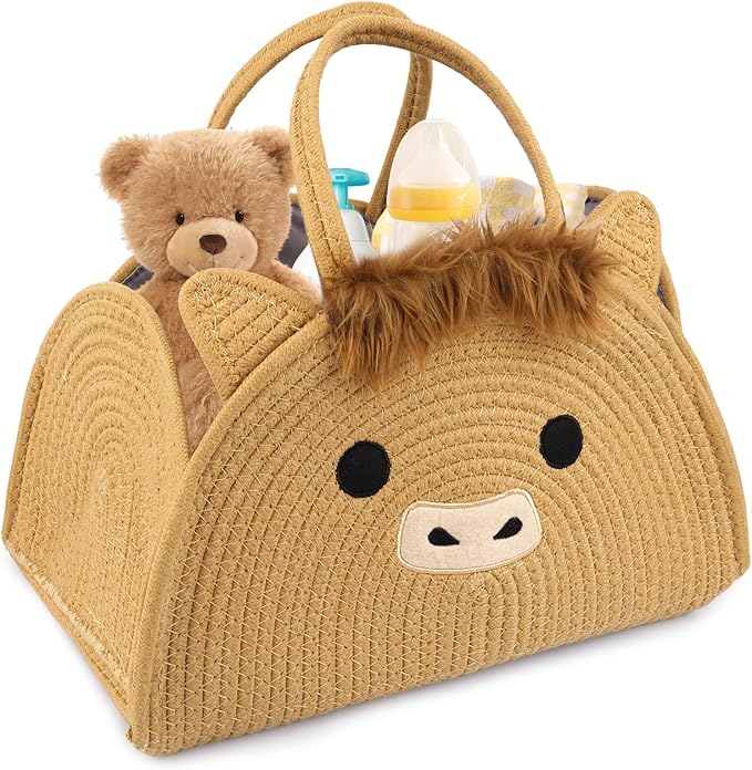 Highland Cute Cow Baby Diaper Caddy Organizer, Woven Cotton Rope Basket for Nursery, Portable Diaper Caddy Empty Gift Basket, Baby Wipes Shower Towels Storage Bins for Newborn Essentials