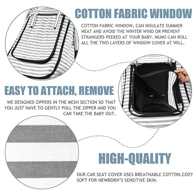 Car Seat Covers for Babies,Baby Car Seat Cover for Boys Girls,Windproof Infant Carseat Cover,Kick-Proof Car Seat Canopy with Breathable Mesh Peep Window,Stripe Print,Summer Lightweight