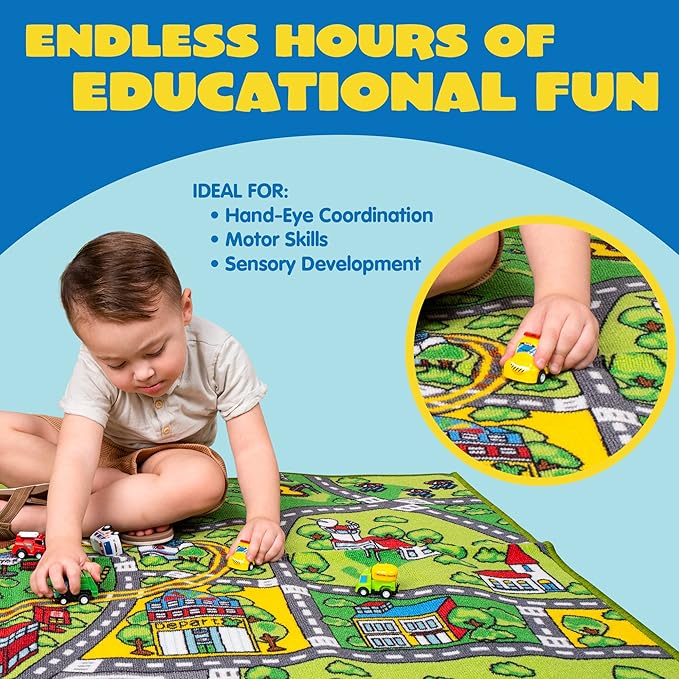 JOYIN Carpet Playmat w/ 12 Cars Pull-Back Vehicle Set for Kids Age 3+, Jumbo Play Room Rug, City Pretending Play