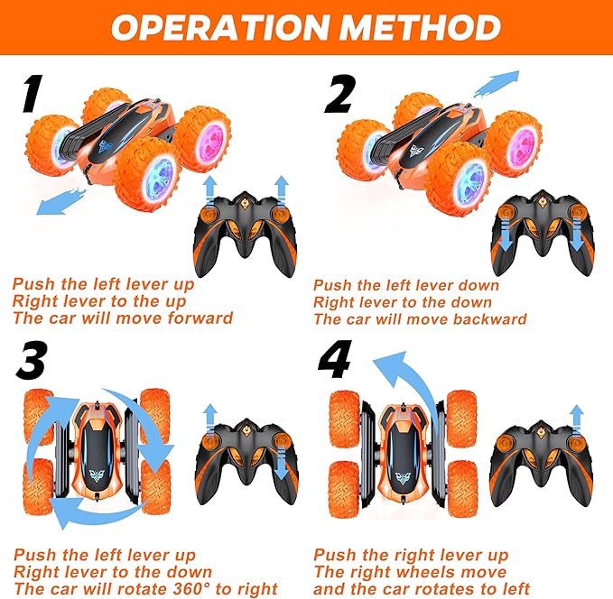 Remote Control Car, 2.4GHz Electric Race Stunt Car, Double Sided 360° Rolling Rotating Rotation, LED Headlights RC 4WD High Speed Off Road Gift for 3 4 5 6 7 8-12 Year Old Boy Toys (Orange)