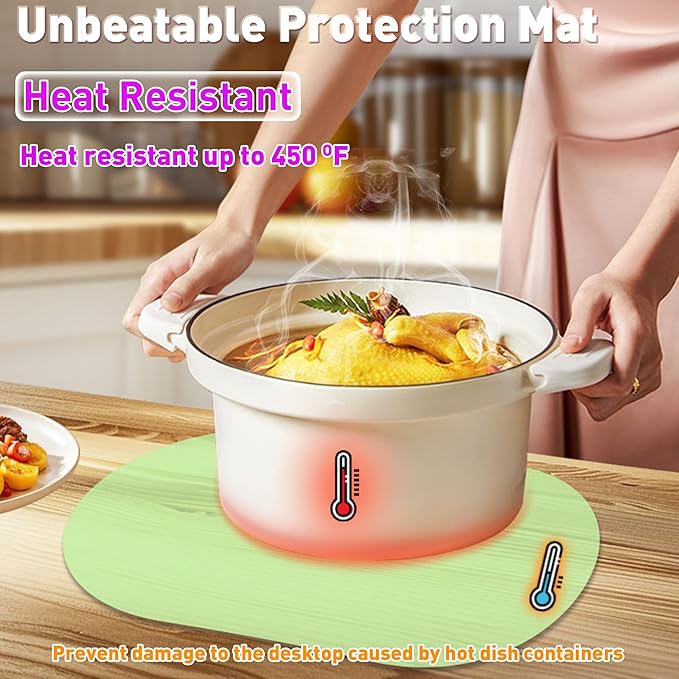 Oval Silicone Placemats Set of 4, Heat Resistant Non-Slip Waterproof Table Mats, Ultra-Thin Translucent Easy Clean Dining Mats for Home & Kids, 17"x12", Green