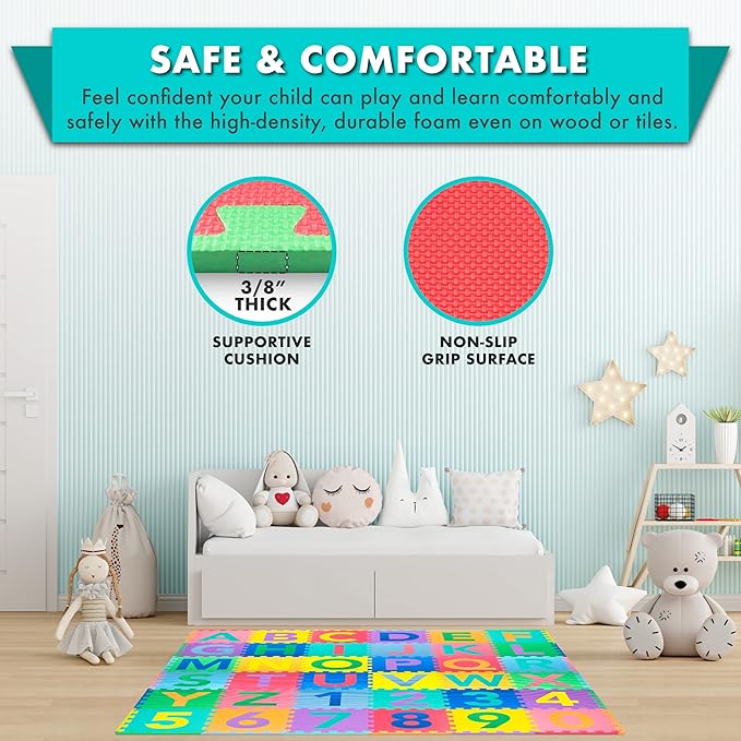ProSource Kids Puzzle Alphabet & Numbers & Shapes Foam Play Mat 36 Tiles, 12"x12" and 24 Borders