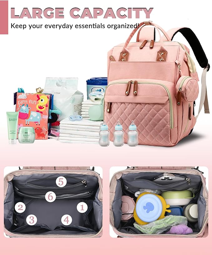 Lamroro Diaper Bag with Changing Station, Waterproof 3 in 1 Baby Diaper Backpack with Foldable Changing Pad, Large Travel Back Pack for Baby Girl Boy, Peach Pink
