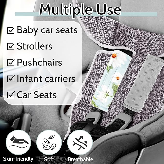 Baby Car Seat Strap Cover 2 Pack Daisy Car Seat Straps Shoulder Pads, Seat Belt Cushions Pads for Infant Car Seats, Stroller, Pushchair