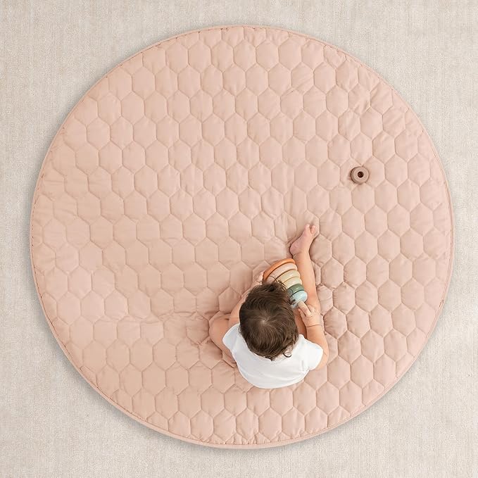 Comfy Cubs Round Kids Play Mat - Medium 48 inches Soft Quilted Baby Floor Mat with Non-Slip Bottom - Plush Design for Toddlers' Playtime - Comfortable and Durable - Blush