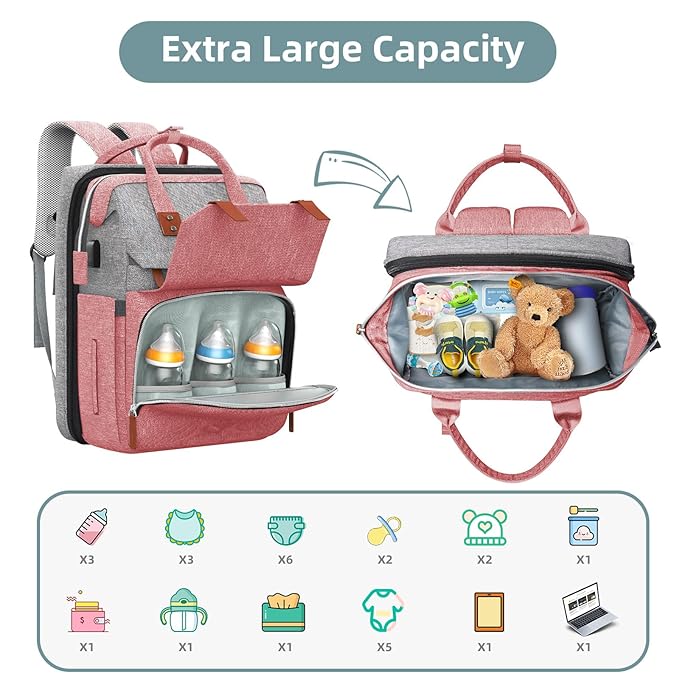 ISMGN Diaper Bag Backpack with Changing Station, Large Diaper Bag, Baby Bag, Multifunctional Diaper Bag, Pinkgray