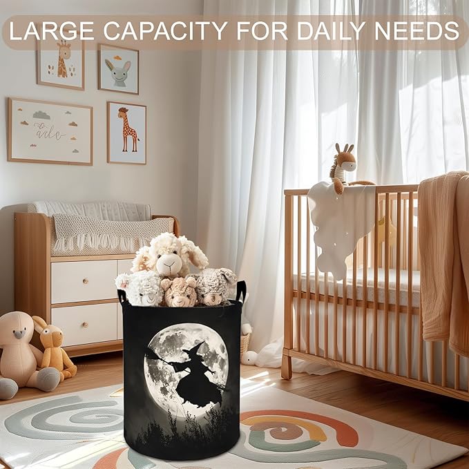 Halloween Witch Laundry Basket Hamper 19.7"x15.8", Goth Moon Foldable Waterproof Oxford Clothes Storage Bucket for Room Bathroom Bedroom Nursery Decor, Toy Organizer Bins Gifts for Kids Boys Girls