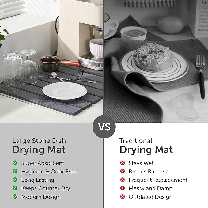 Large Stone Dish Drying Mat for Kitchen Counter, 2PCS Stone Drying Mat for Kitchen Counter, Foldable Water Absorbing Diatomaceous Earth Drying Pad for Bottles Dish Cups(Dark Gray 24"×16" & 8"x5")