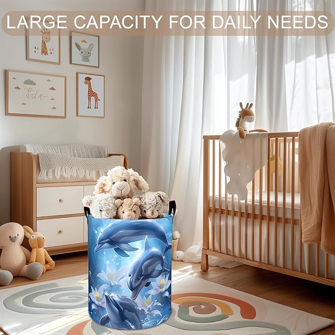 Dolphin Laundry Basket Hamper 19.7"x15.8", Ocean Animal Foldable Waterproof Oxford Clothes Storage Bucket for Room Bathroom Bedroom Nursery Decor, Toy Organizer Bins Gifts for Kids Boys Girls