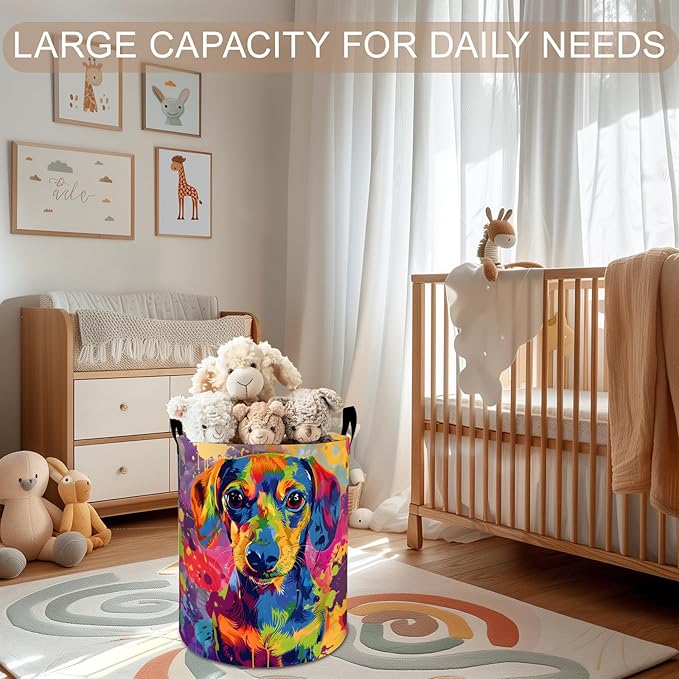 Dachshund Laundry Basket Hamper 19.7"x15.8", Colorful Dog Foldable Waterproof Oxford Clothes Storage Bucket for Room Bathroom Bedroom Nursery Decor, Toy Organizer Bins Gifts for Kids Boys Girls