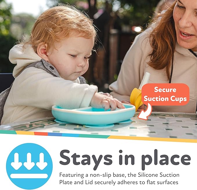 Nuby Silicone Rectangle Suction Plate with Lid - Dishwasher-Safe Baby and Toddler Plate - 6+ Months - Aqua and Coral - Back to School Essentials