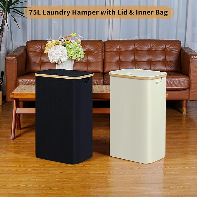 75L Slim Laundry Hamper, Narrow Laundry Basket with Lid,Foldable Clothes Hamper with Bamboo Handles,Hamper Basket with Removable Inner Bag for Laundry Room Bedroom College Dorm,19.8 Gals Black