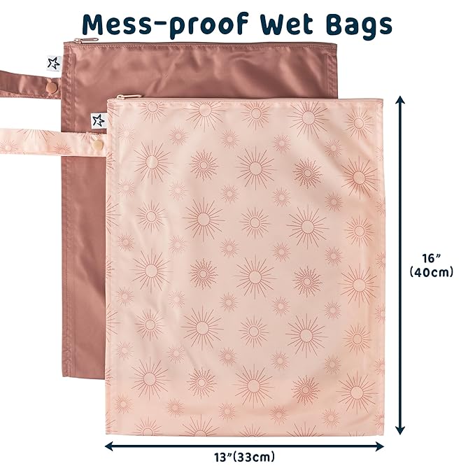 Tiny Twinkle Mess Proof Wet Bags | 2-Pack Reusable Waterproof Wet Bags for Swimsuits | Baby Clothes | Travel & Diaper Bag (Shine)