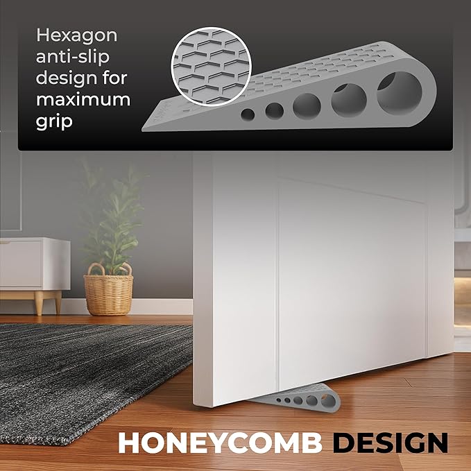 Door Stoppers for Bottom of Door Premium Floor Rubber Door Stop Wedge Made in USA Heavy Duty Honeycomb Design for Carpet, Tile, Ideal for Home, School, Commercial, Gray 6 Pack