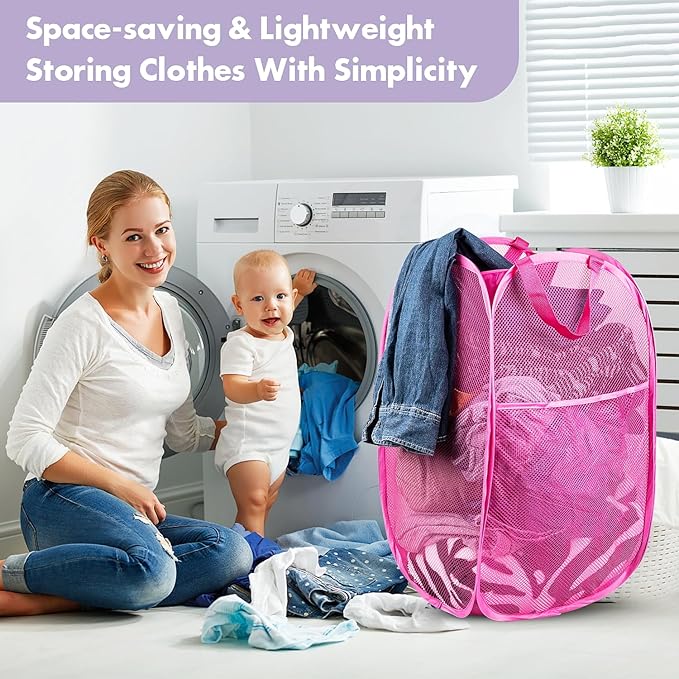 DUCOO Pop Up Laundry Hamper, 70L Collapsible Mesh Laundry Basket with Side Pocket, Foldable Dirty Clothes Hamper with Sturdy Reinforced Handles for Home Dorm Bedroom Travel Storage, Pink, 2Pack