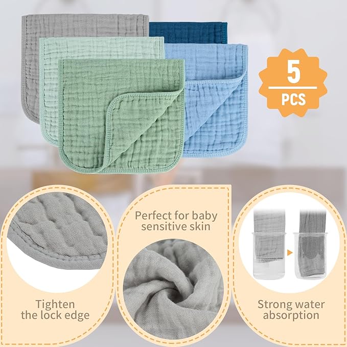 MIGIOL Baby Burp Cloth 100% Cotton Newborn Cotton Muslin Burp Cloth 10x20 inches (Blue & Green 5 Pieces)